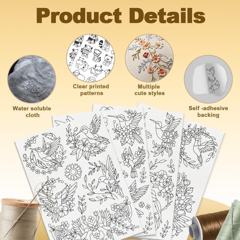 DOODLREAM 23Pcs Hummingbird and Flower Embroidery Pattern Stabilizer, 8.3"x11.7" Bird Water Soluble Stick and Stitch Embroidery Sticker, 4 Sheets Floral Hand Sewing DIY Embroidery Paper - Image 3